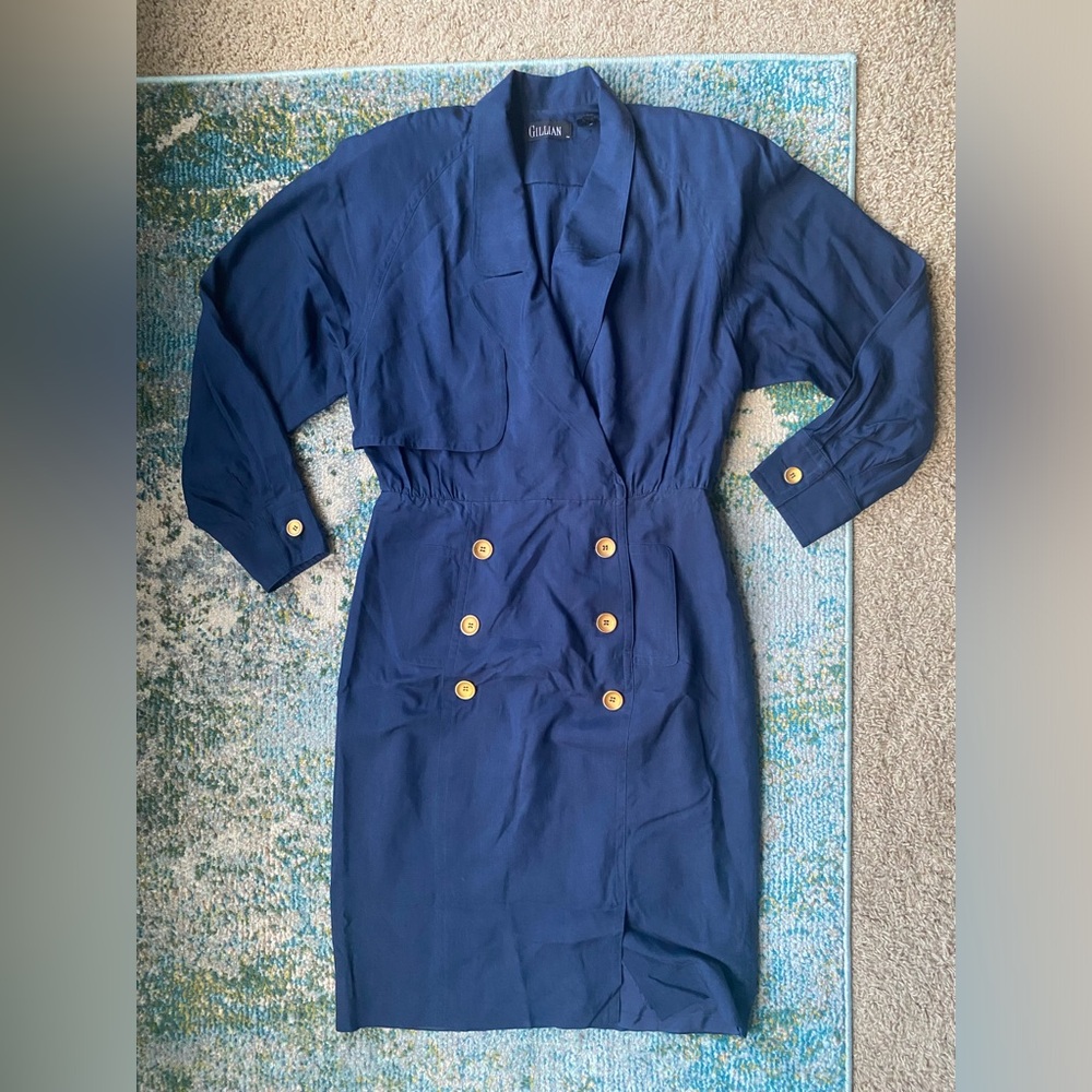 Vintage 80/90s Gillian silk navy military trench dress, size 10